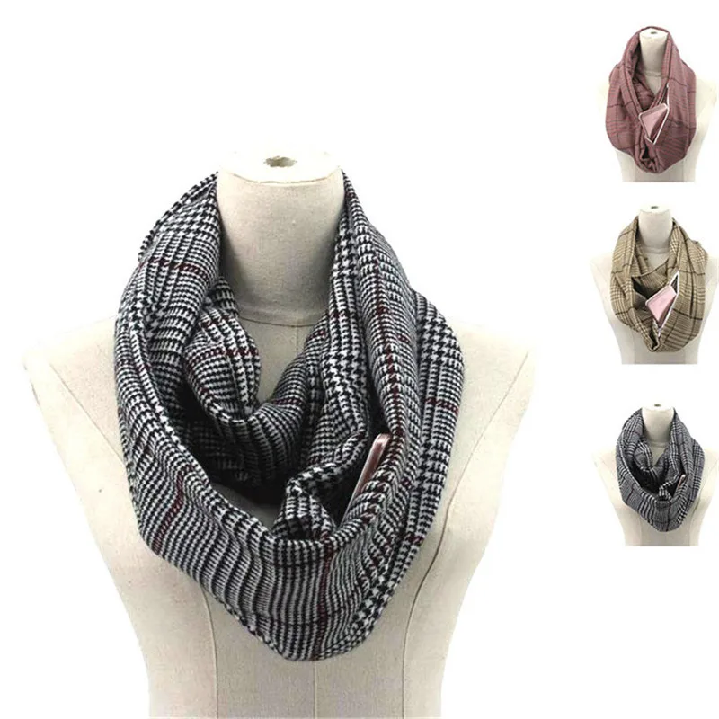 

2019 plaid winter scarf with pocket knitted Warm Convertible Journey Women&Man Wrap with Secret Hidden Zipper Pocket infinity
