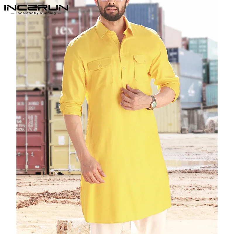 INCERUN, индийский костюм, мужская рубашка, модная, с длинным рукавом, с карманами, однотонная, с отворотом, длинная рубашка, Пакистанская, мужская, мусульманская одежда, 5XL