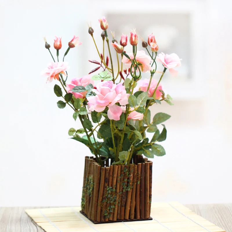 

Display 1 Set Rose Fake Silk Artificial Flowers + Wooden Fence Vase For Home Living Room Garden Table Decoration
