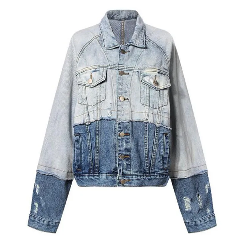 2019 Contrast color Denim Jacket Vintage Women Lapel Pockets Single Breasted Draped Coat Femme Jean Outerwear