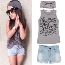 Комплект одежды из 3 предметов для маленьких девочек повязка на голову+ футболка+ джинсовые штаны, комплект одежды, От 2 до 6 лет