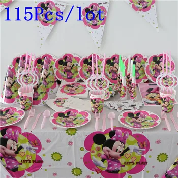 

115 Pcs/set Minnie Mouse Birthday Decorations Kids Supplies Party Tableware set Moana Trolls Cartoon Disposable set