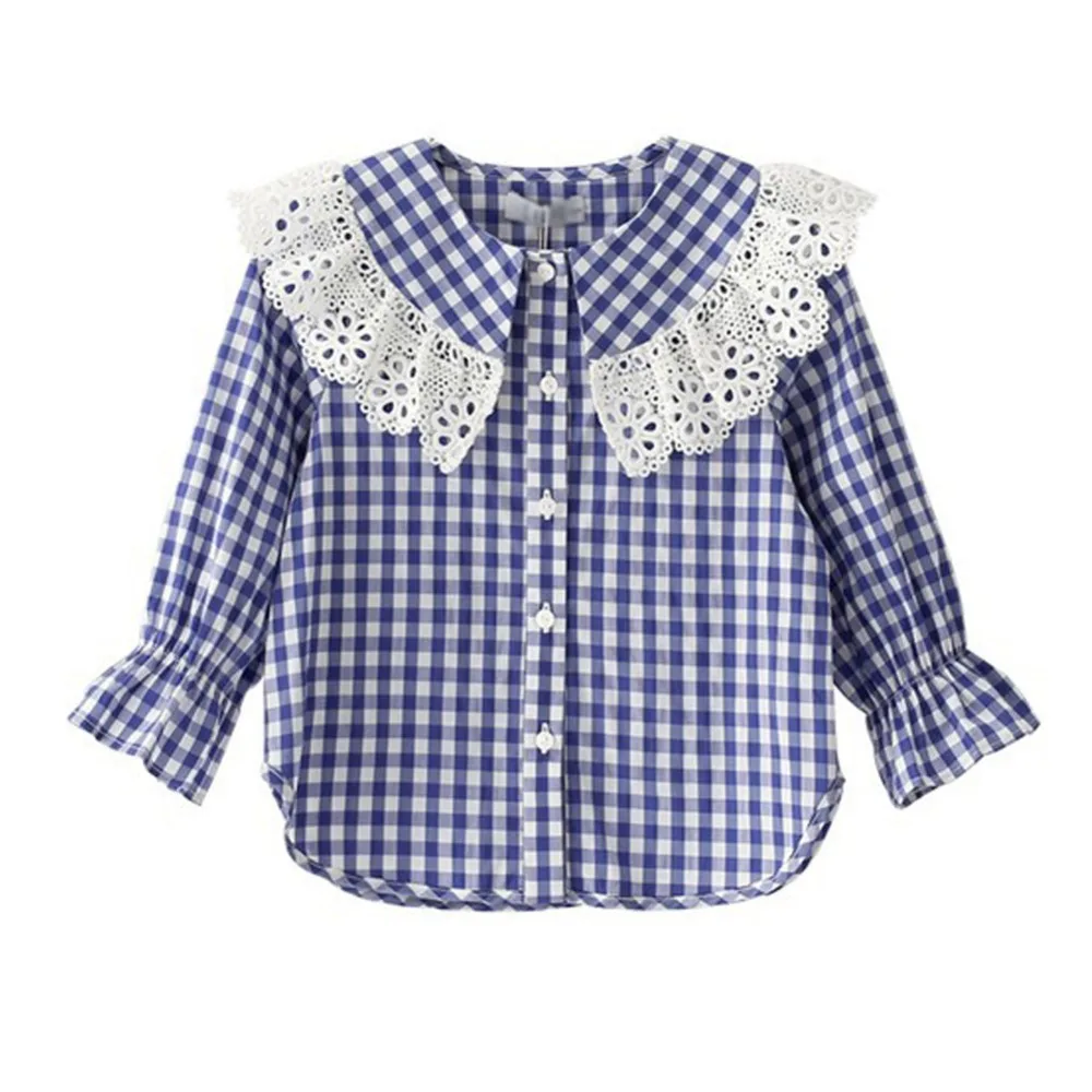 

Lace Collar Children Shirt Plaid Girl Blouse Cotton Long Sleeve Kids Top Fashion Girls Clothing Spring 2019
