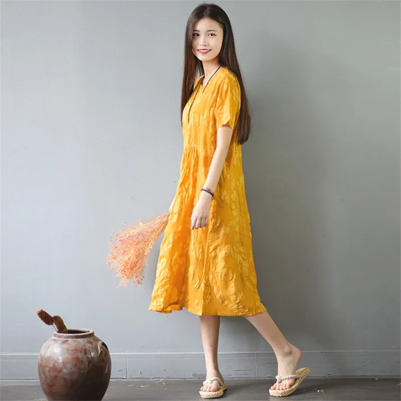 

SCUWLINEN Vestidos 2019 Summer Dress Vintage Leaves O-neck Short Sleeve Cotton Dress Loose A-line Sweet Party Dress S601