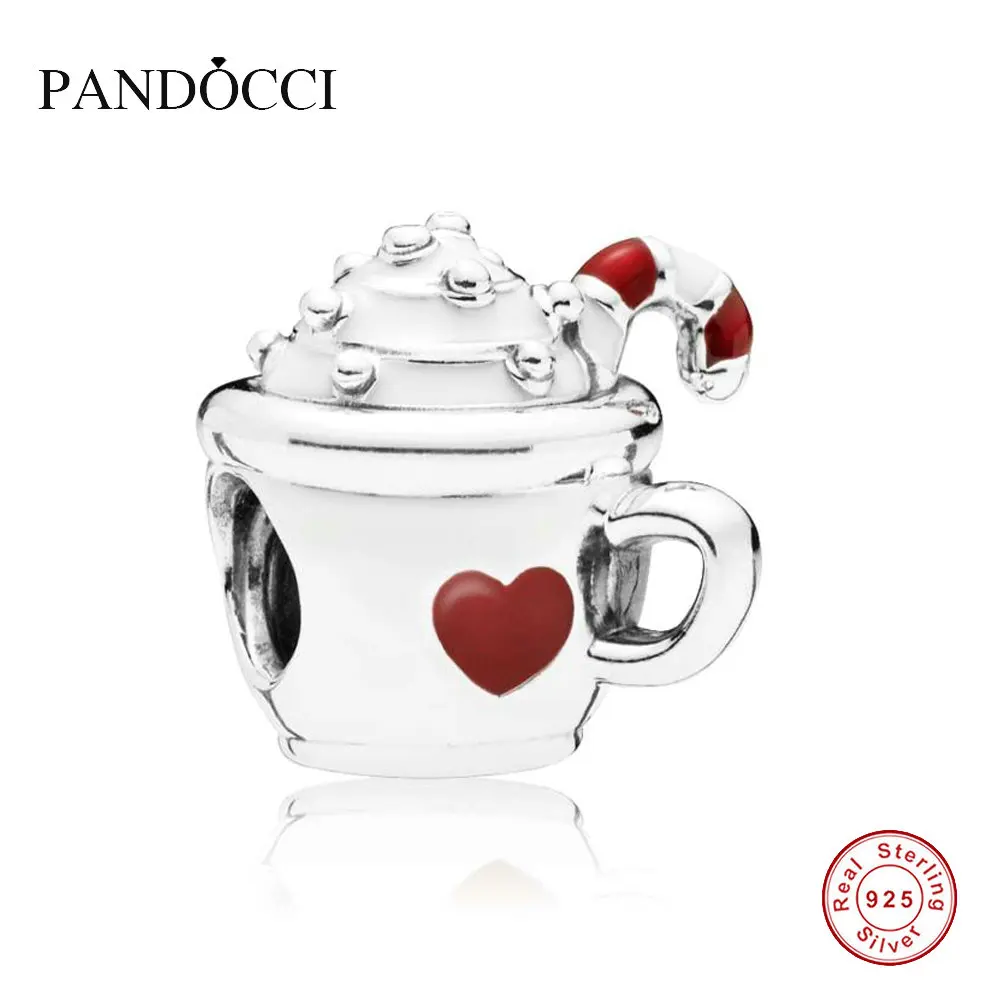 

925 Sterling Silver Warm Cocoa Charm, White & Red Enamel Original Jewelry DIY Making Fits For Bracelets PANDOCCI