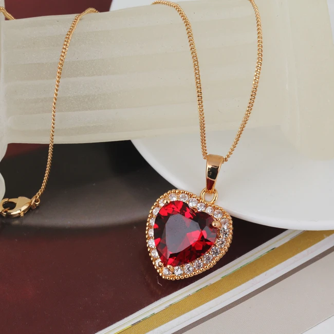 

Wholesale Delicate Love Yellow Gold-Color Red Heart Cubic Zirconia Pendant Women Necklace No Nickel