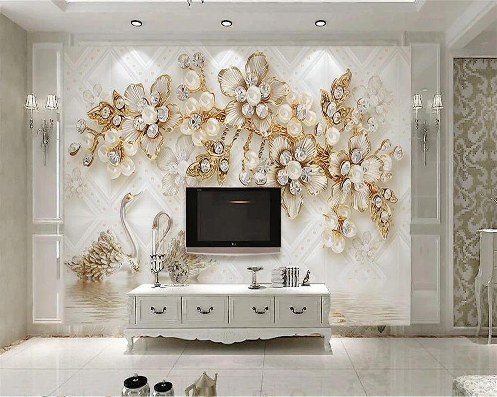 

beibehang Three luxury swan flower soft bag jewelry TV background wallpaper home decoration murals wallpaper for walls 3 d