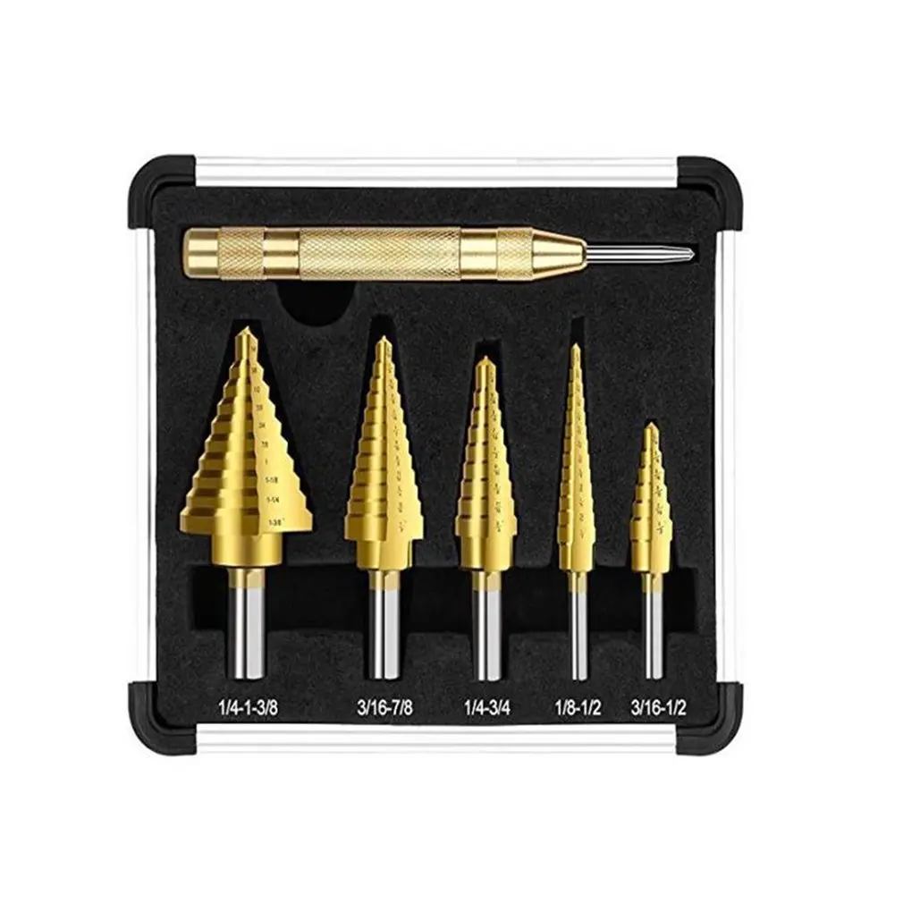 

6PCS HSS Titanium Coated Step Drill Bit set Drilling Power Tools with Center Punch Drill Hole Cutter Core Drill Bit