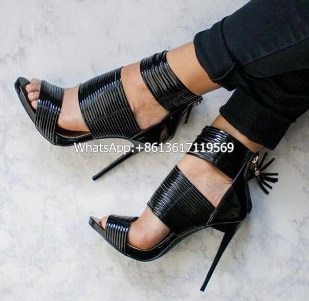 

Street Style Black Light Leather Sexy Women High Heel Sandals Rome Open Toe Cut Out Ankle Strap Fringe Gladiator Sandals Shoes