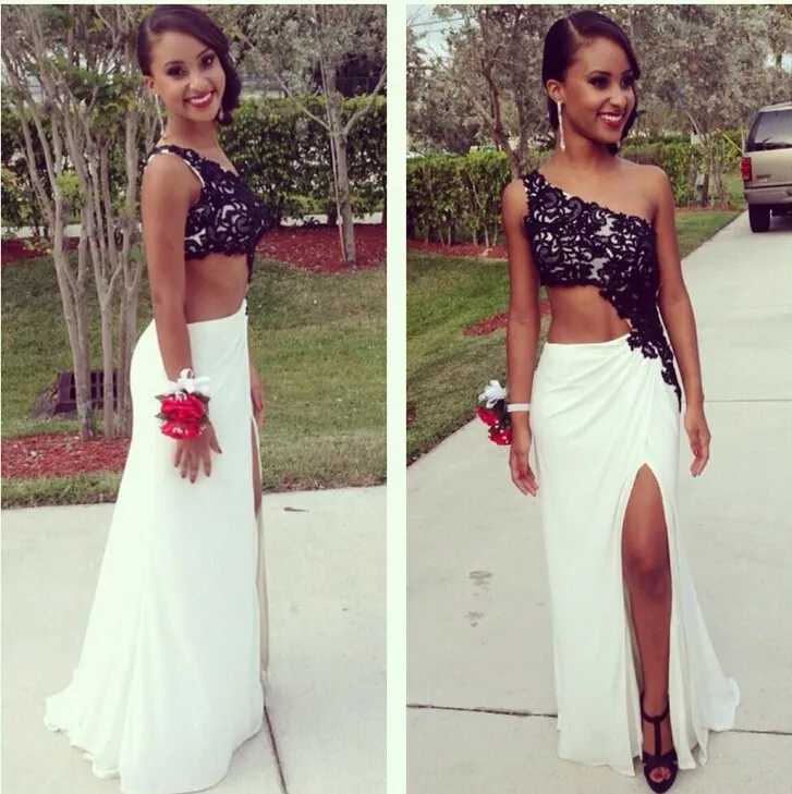 

Black One-shoulder Two Pieces Prom Dresses Evening Gown 2015 New arrival sexy Slit Side Chiffon Sleeveless Prom Dress Sexy 2015