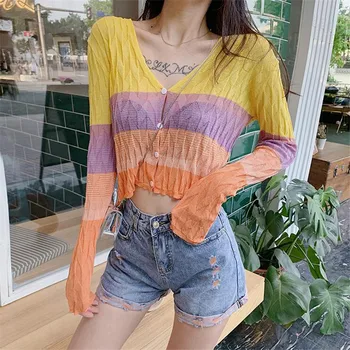 

Fashion Shirt Top Women Knitting Long Sleeve V-neck Button Mesh Shirt Top Casual Slim Blouse Top For Girl