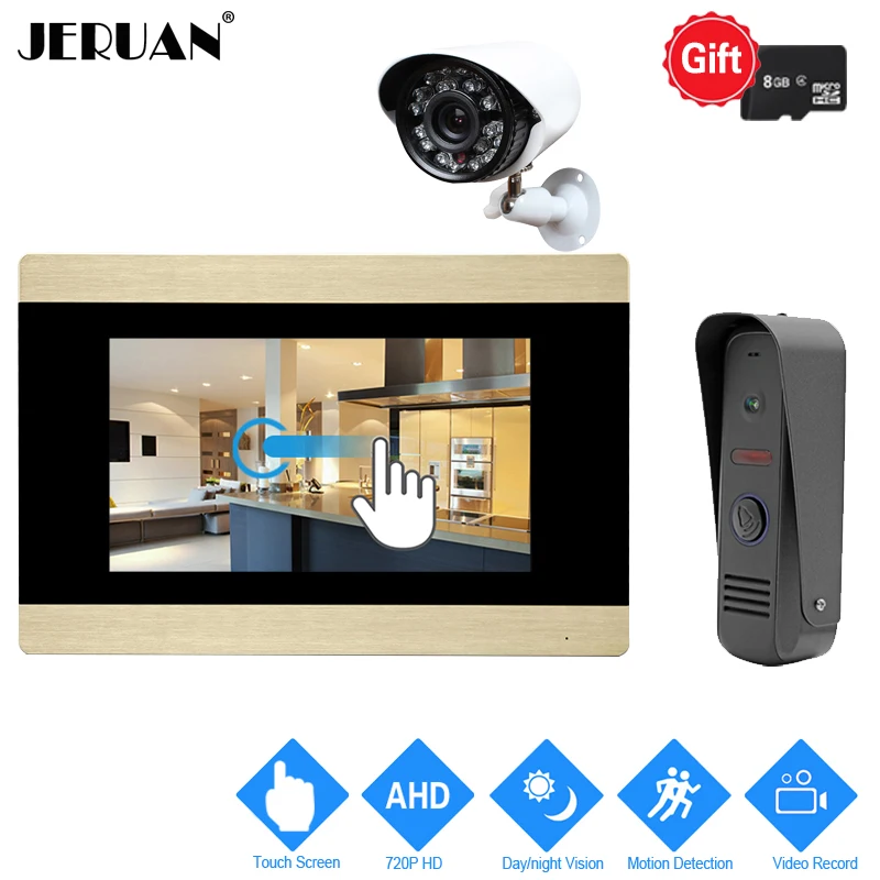 

JERUAN 7`` Touch Screen Video Door Phone Intercom System 720P AHD Motion Detection Record Monitor + IR Mini Camera +1.0MP Camera