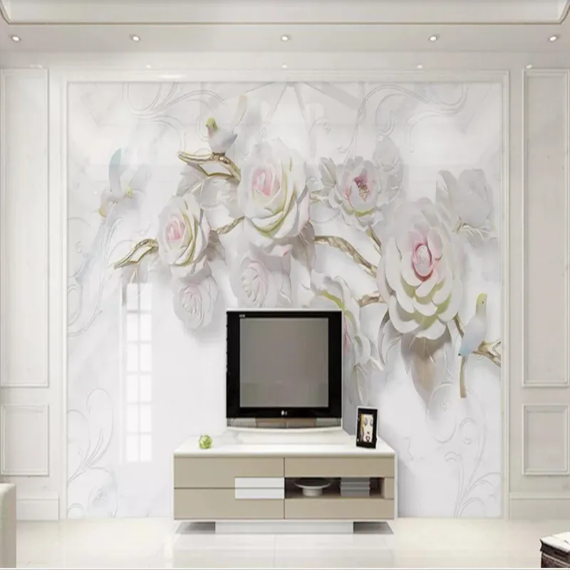 

Three-dimensional embossed rose bird marble background wall decorative painting