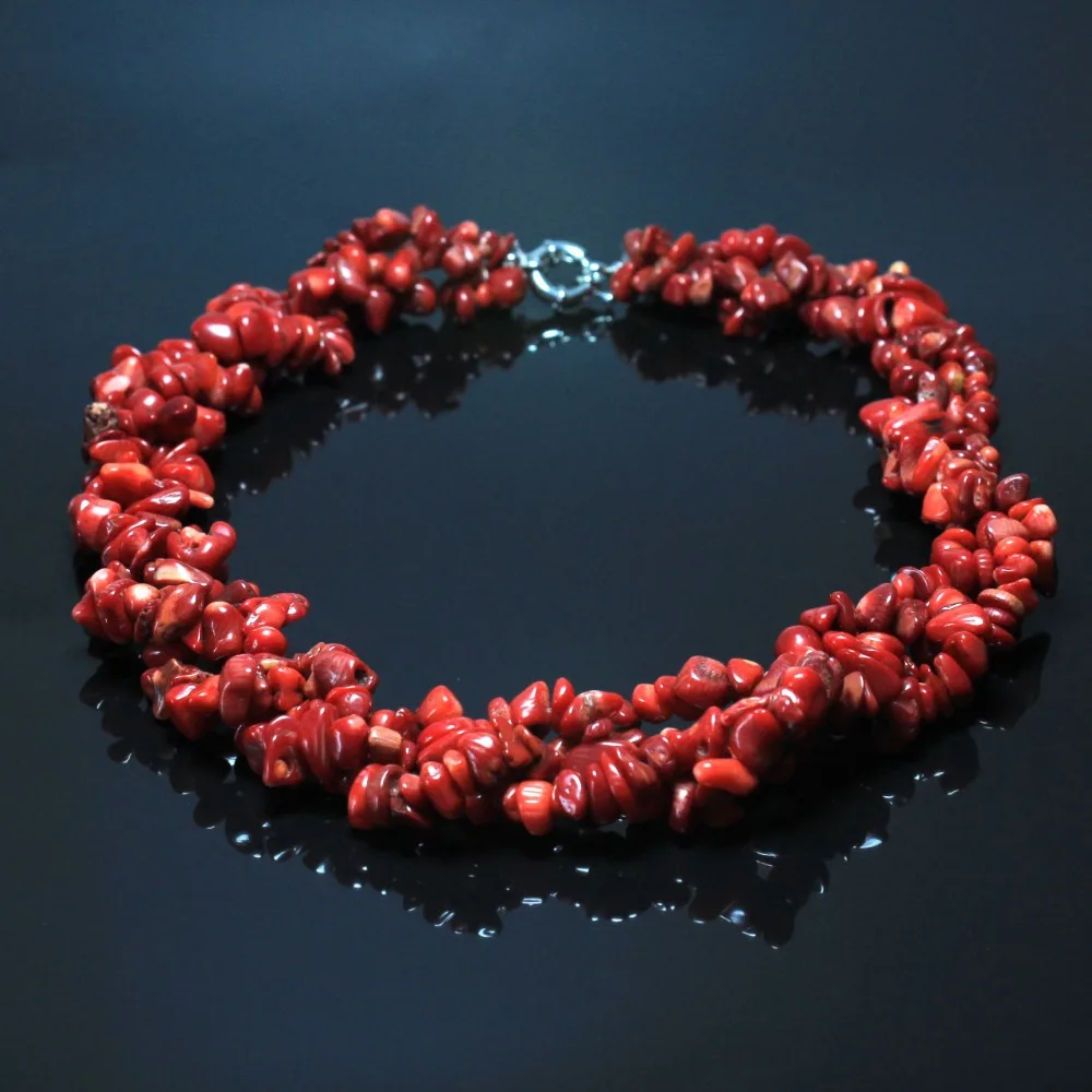 Fashion natural red coral jewelry handmade circular three layers necklace women 