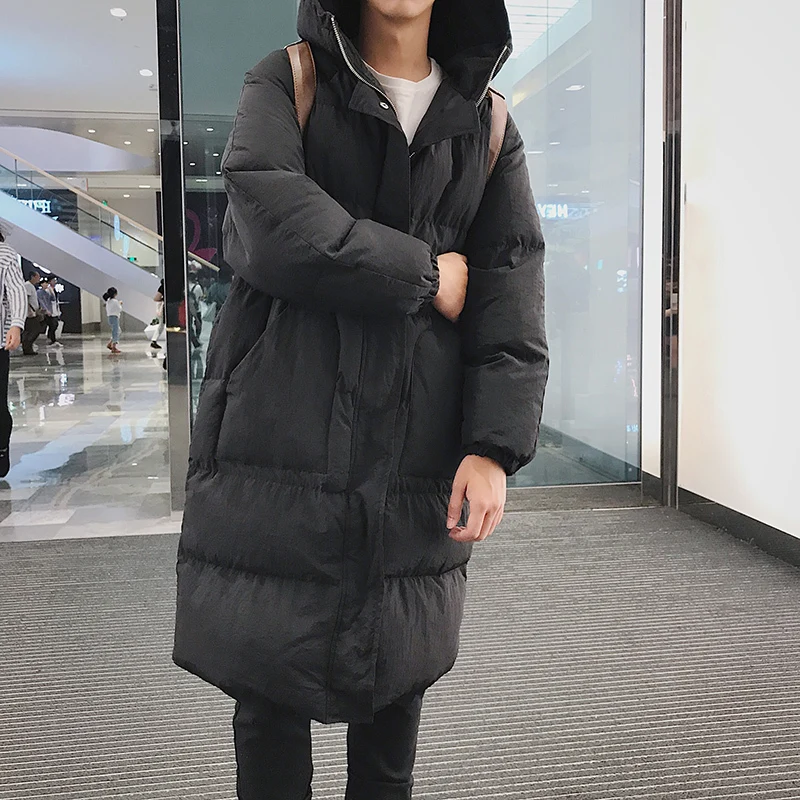 

2018 new street fashion winter coat men loose thick large size long section Korean hooded student jacket black / gray S-5XL