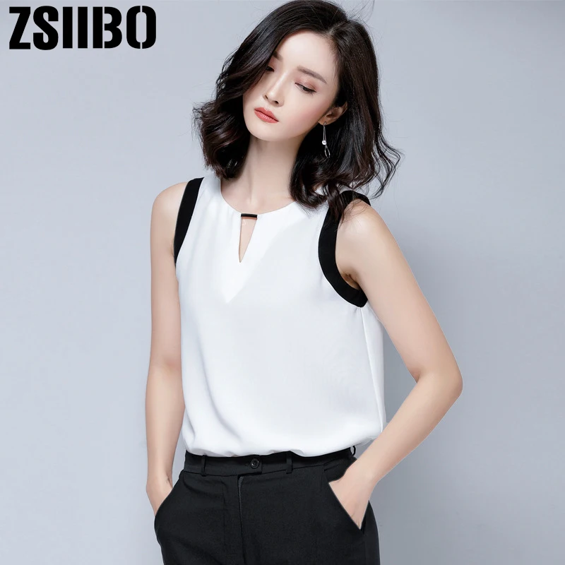 

2019 Summer Women Blouse Sleeveless Chiffon Shirt Spliced White Work Top vintage Casual Loose Rok Plus Size Women Clothing