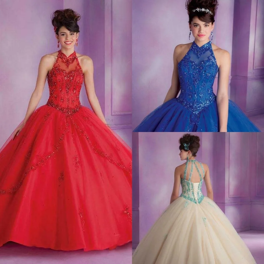 Long Halter Royal Blue Quinceanera Dresses Princess Red Beaded Cheap