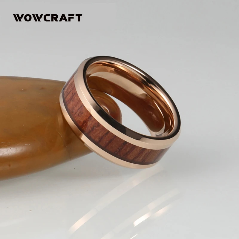 Rose Gold Tungsten Wedding Band for Women Men Tungsten Carbide Ring 8mm Real Nature Wood inlay with Bevel Edges Fashion Jewelry