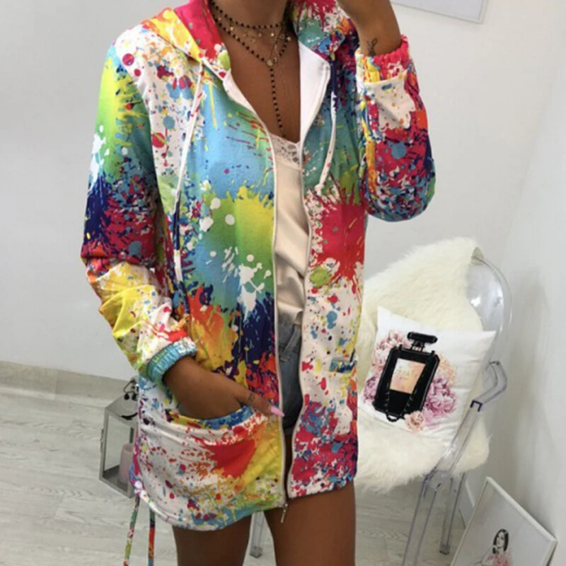 

Women Long Sleeve Zip Up Sweatshirt Coat Painting Printed Casual Hooded Sweatshirts Tops Loose Hoodies Coats Femme