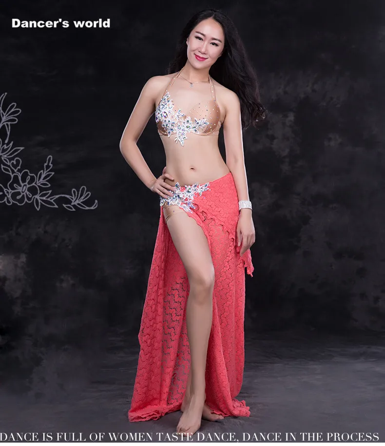 

Lady Luxury belly dance clothes hand made bra+lace long skirt 2pcs belly dance set for women belly dance performance suit S,M,L