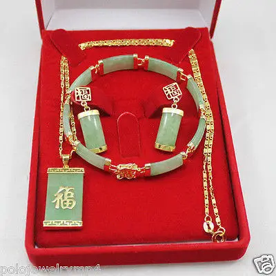 

Jewelry Beautiful Light green jade 18K GP pendant bracelet earring set AAA style 100% Natural jade Noble Fine jewe