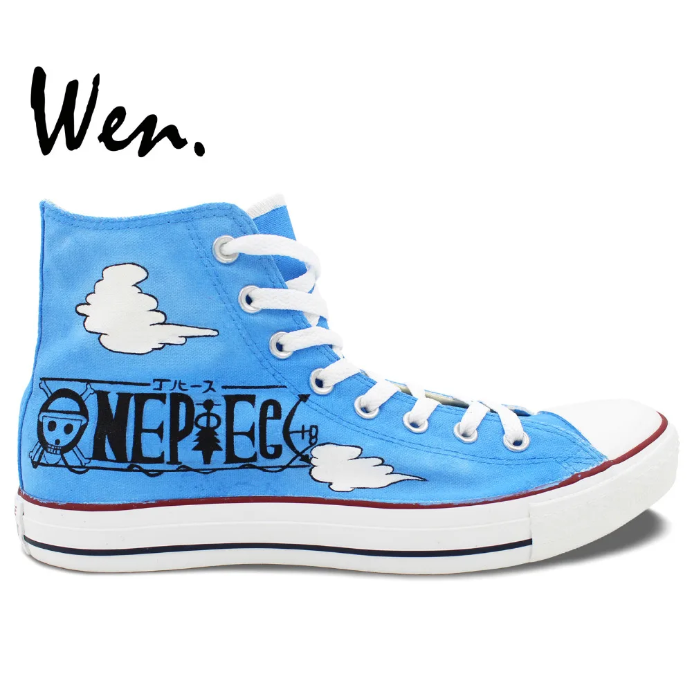 

Wen Blue Hand Painted Canvas Shoes One Piece Luffy Laughs Anime Men Women's High Top Canvas Sneakers