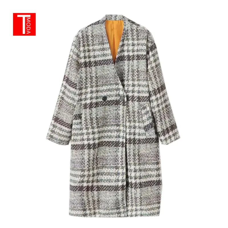

2018 Women Tweed Plaid Long Trench Knee-length Single Button Female V-neck High Street Loose Outerwear New Fashion