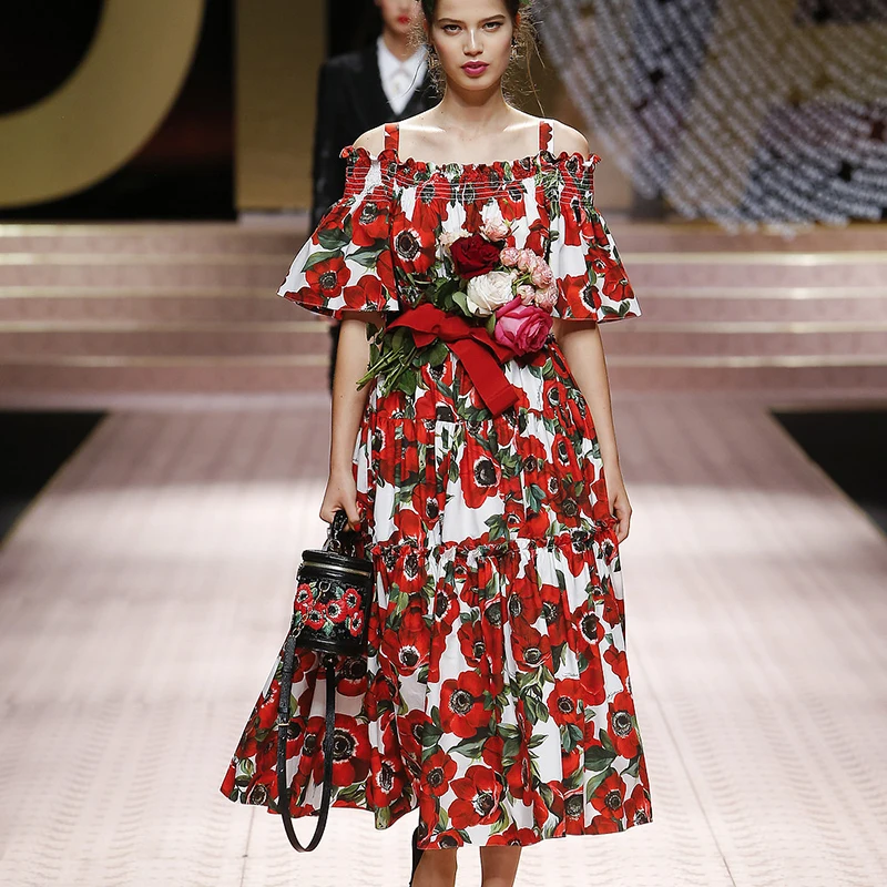 

2019 Runway Designer Flower Summer Dress Women one Shoulder Slash Neck Red Rose Floral Print Party Dress vestidos robe femme