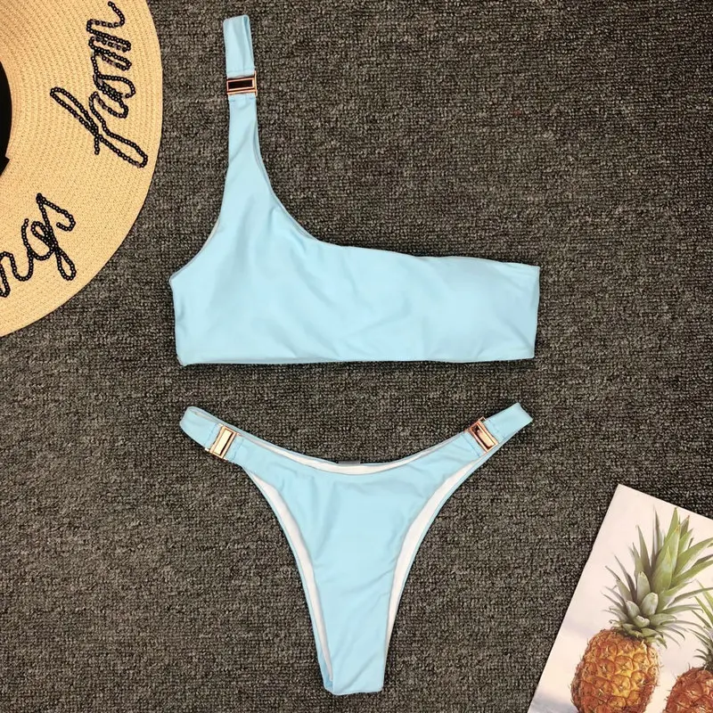 

Sexy Bikini One Shoulder Swimsuit New Solid Swimwear Women High Cut Biquini Beachwear Thong Bathing Suit Women 2019