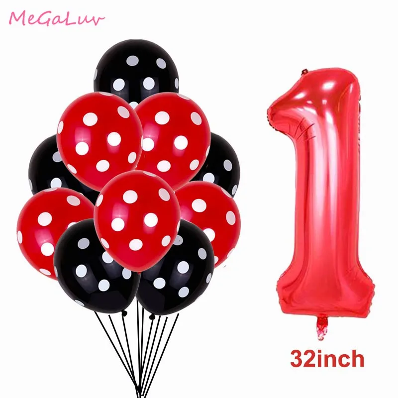 

11pcs 12inch Red black Polka Dot Latex Balloons Red 32 inch Number Foil Balloon 1st 2nd 3th Birthday Party Decoration Girl Boy