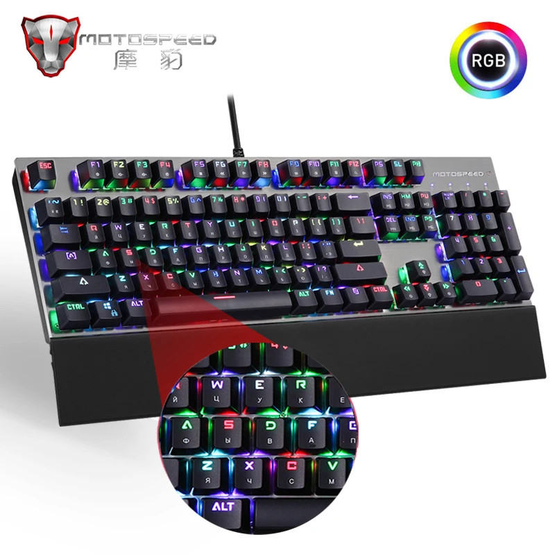 Motospeed оригинальная игровая механическая клавиатура, 104 клавиш, черный/синий переключатель, Проводная RGB подсветка, анти-привидение для геймерского компьютера
