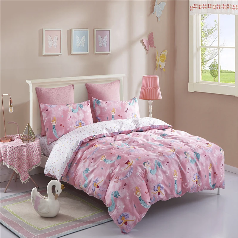 

3pcs Bedding Sets Reactive Dyed Pink/Blue Mermaid Children Cartoon Pattern Duvet Cover Set Cotton Quilt Cover Sheet Pillowcase
