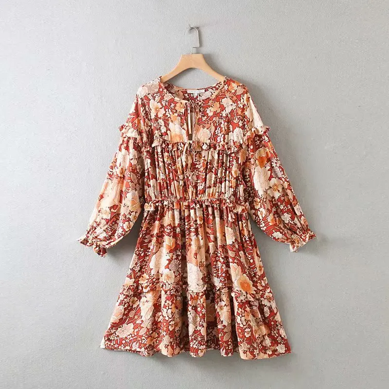 

2019 Spring Bohemian Mini Dress Boho Chic Fungus Lace Floral Print Lantern Sleeve Beach Party Dresses Women Summer Sundress