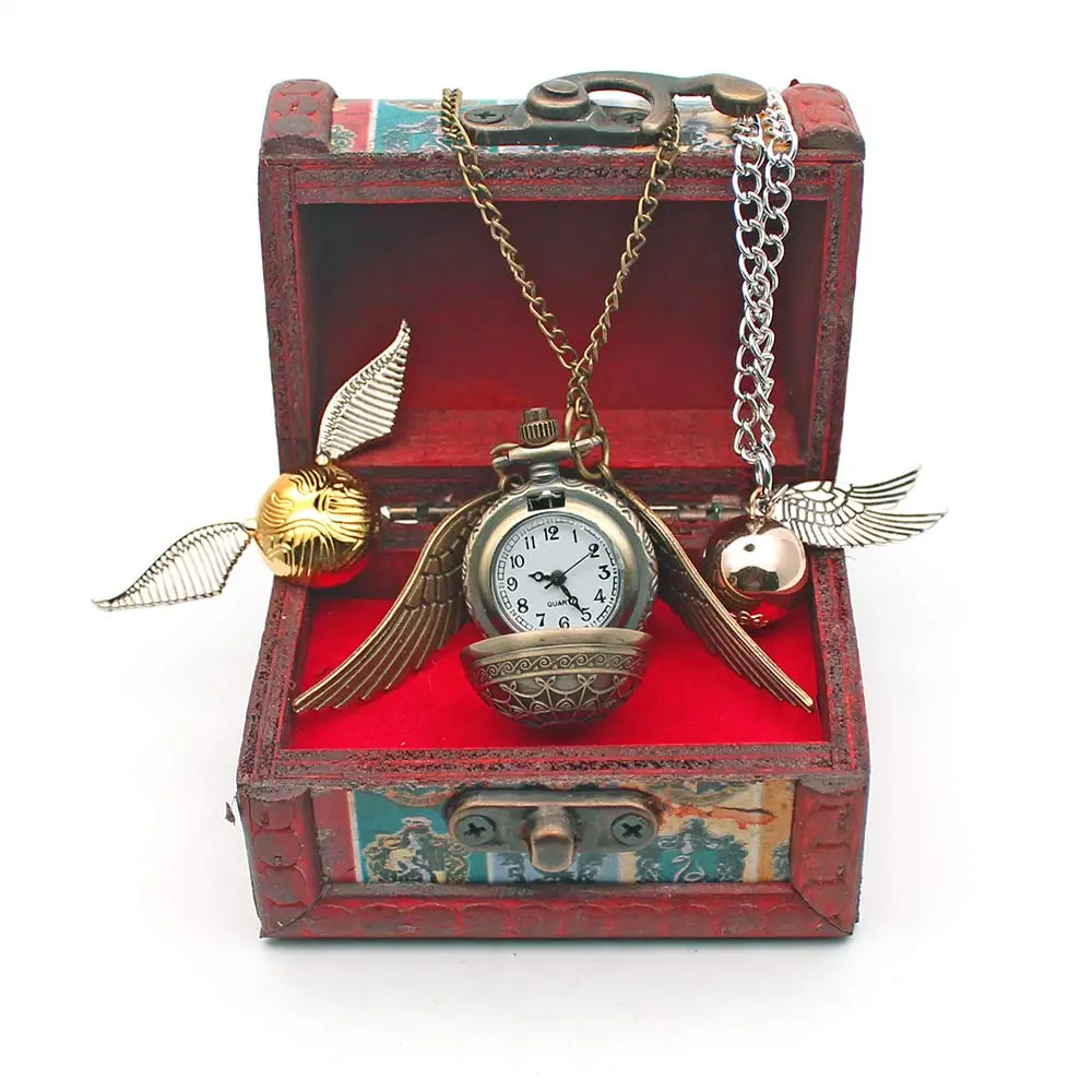 

Wellcomics Harri Potter Hogwarts Quidditch Golden Snitch Pocket Watch Pendant+Necklace+Pin Cosplay Collection Wooden Gift Box