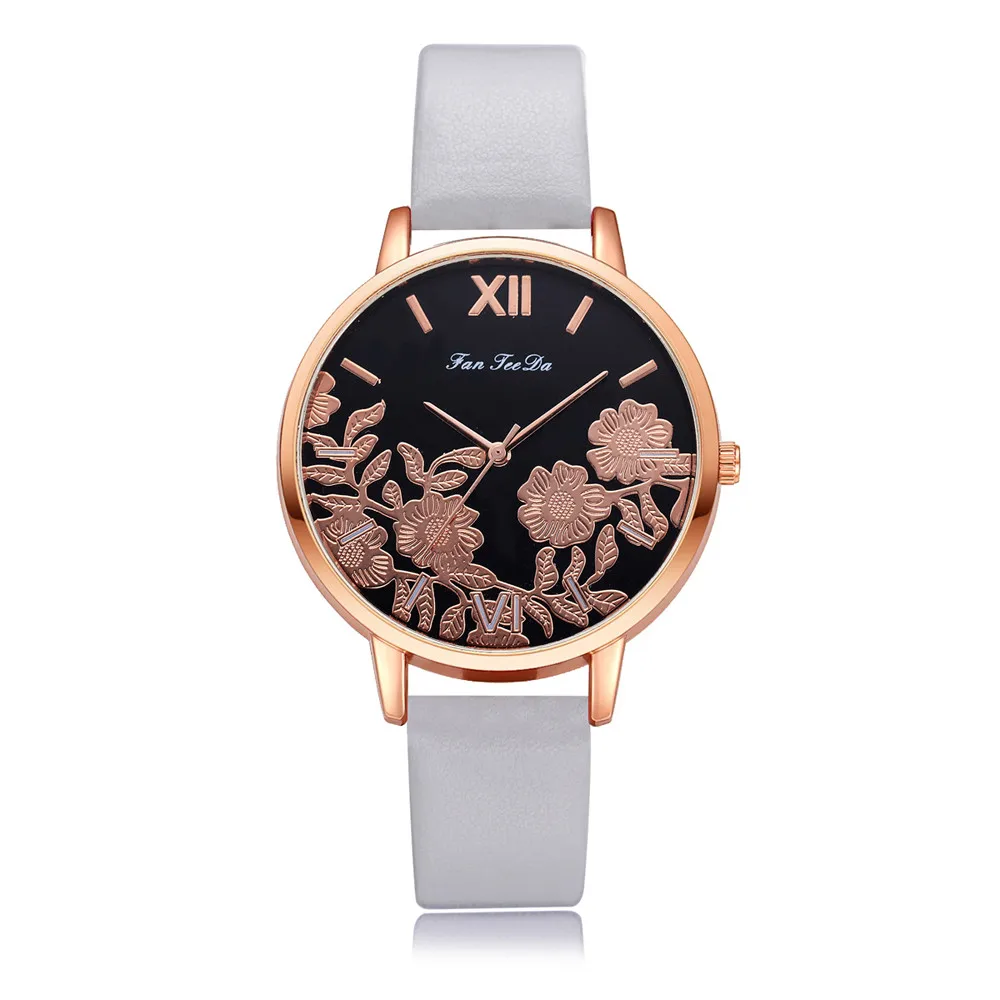 

FanTeeDa Women's Leather Watch #FD122 Simple Roman Scale Flower Seal Stainless Steel Dial Casual Quartz Wrist Watch relogio a5