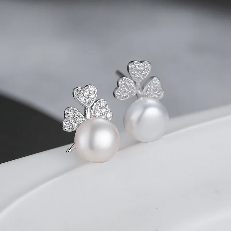 Серьги из серебра S925 пробы с пресноводным жемчугом инкрустация цирконием в форме