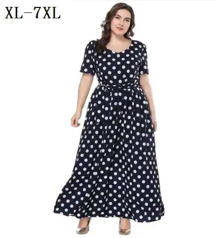 

New Summer 2019 Women Long Big Bottom Short Sleeve Dress Maxi Dot Print Vestidos Plus Size XL XXXL 4XL 5XL 6XL 7XL