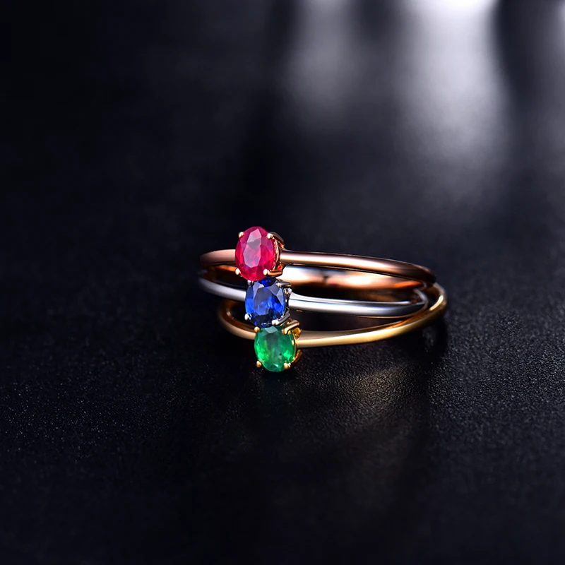 Natural Green Emerald Red Ruby Blue Sapphire Ring Good Gem 18K White Gold Wedding Jewelry Simple Design Daughter Birthday Gift