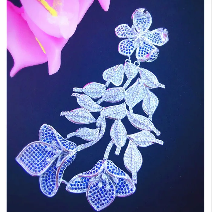 Высококачественная циркониевая микро инкрустация большой цветок пряжка кисточка кулон мода длинный свитер цепь звено застежка - Цвет: Синий