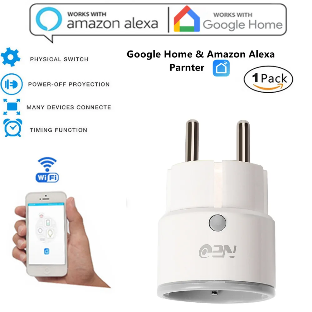 

Safety Portable Durable Automatic Protection Smart Mini WiFi Plug Outlet Switch work with Echo Alexa Google Home Remote EU Home