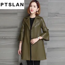 Ptslan Fashion Plus Size Long Genuine Leather Jacket Women Leather Coat Female 2017 Spring Ladies Leather Jackets Windbreaker