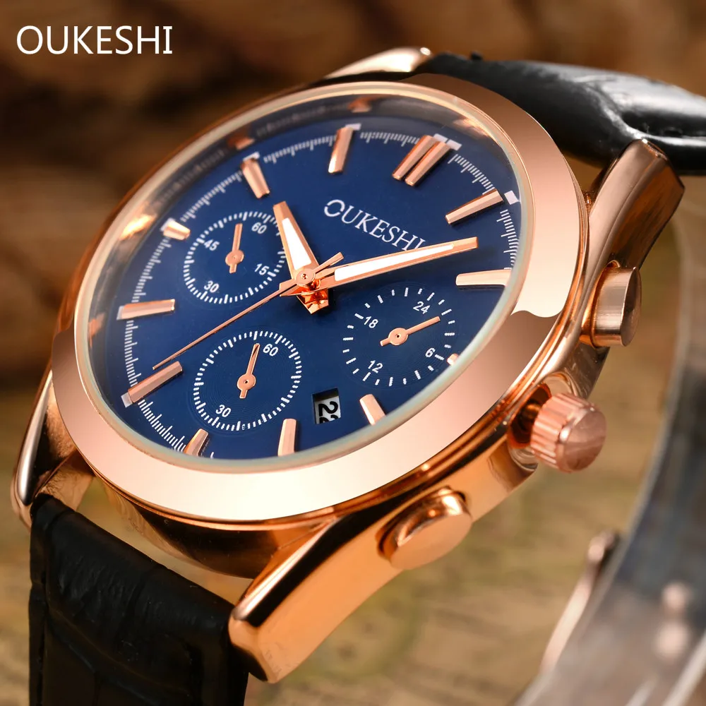 OUKESHI Calendar Waterproof Quartz Business Men Watch 2017 Brand Luxury Fashion Leather Wristwatch Casual Sport Watches