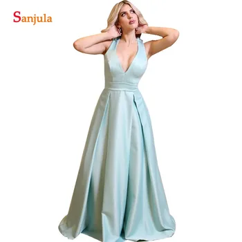 

Wedding Party Dress Elegant A-line V-neck Long Satin Bridesmaids Dresses Criss-cross Back Women Gowns vestido longo 2020