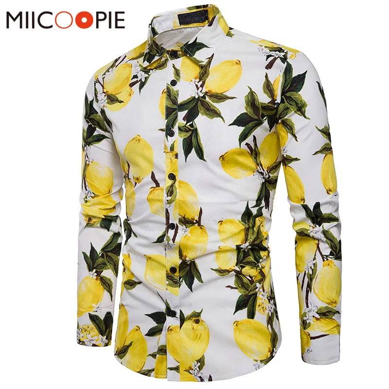 

2019 Brand Men Hawaii Shirts Male Casual Lemon printed Slim Fit Shirt Cotton Long Sleeve Dress Shirt Camisa Masculina S-XL