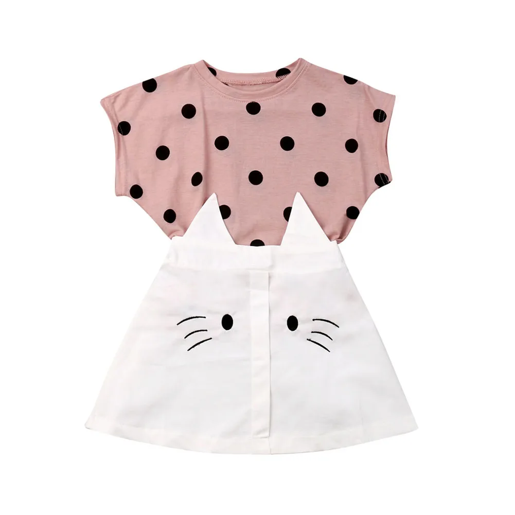 Рубашка в горошек с короткими рукавами для маленьких девочек Топы+ юбка летняя одежда из 2 предметов