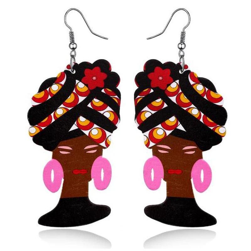 

1Pair Fashion Africa India Figure Wooden Drop Dangle Earrings For Women Pattern Wood Maxi Long Earring Jewelry E1106-T2