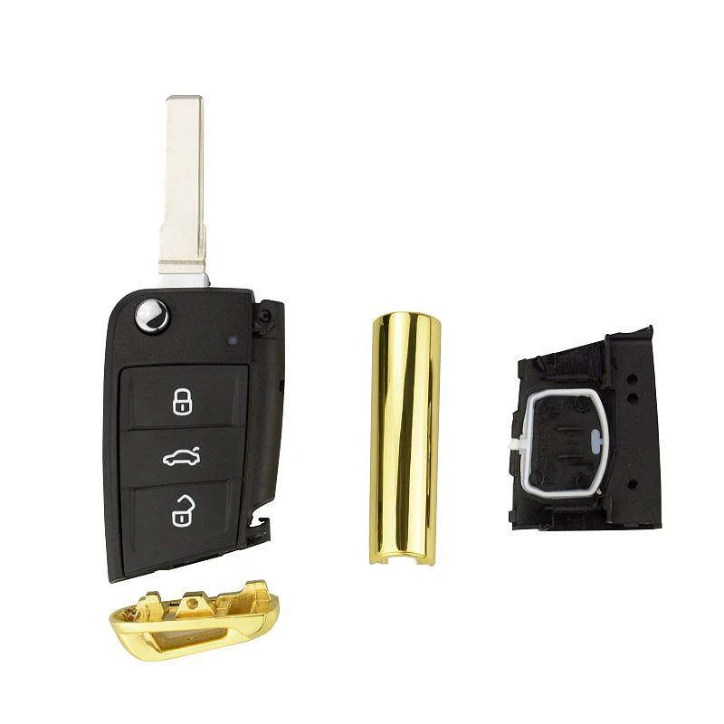 OkeyTech 3 Button Gold Shiny Metal Side Flip Folding Remote Car Key Shell for V W Golf 4 6 7 MK7 T5 Passat B5 Octavia Skoda