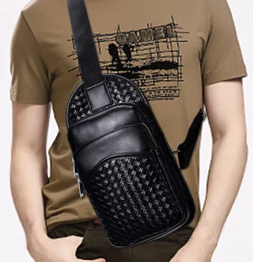 

High-grade Leather Woven Pattern Design Men Messenger Bags Vintage Black Male Knit Chest Bag Packs Casual Travel Shoulder Bag