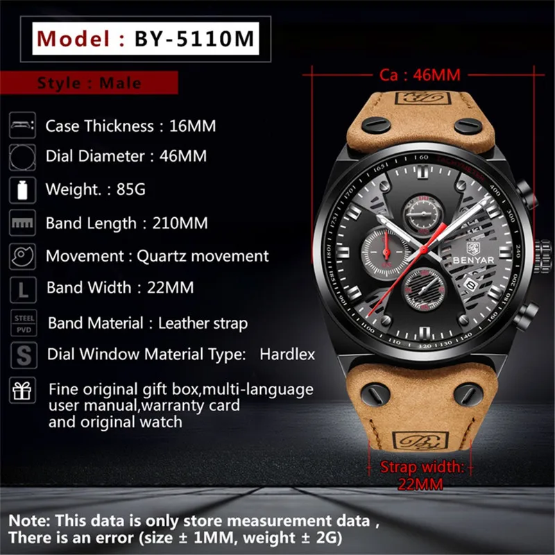 BENYAR Mens Watches Top Brand Luxury Quartz Watch Men Clock Leather Military Waterproof Sport Watch