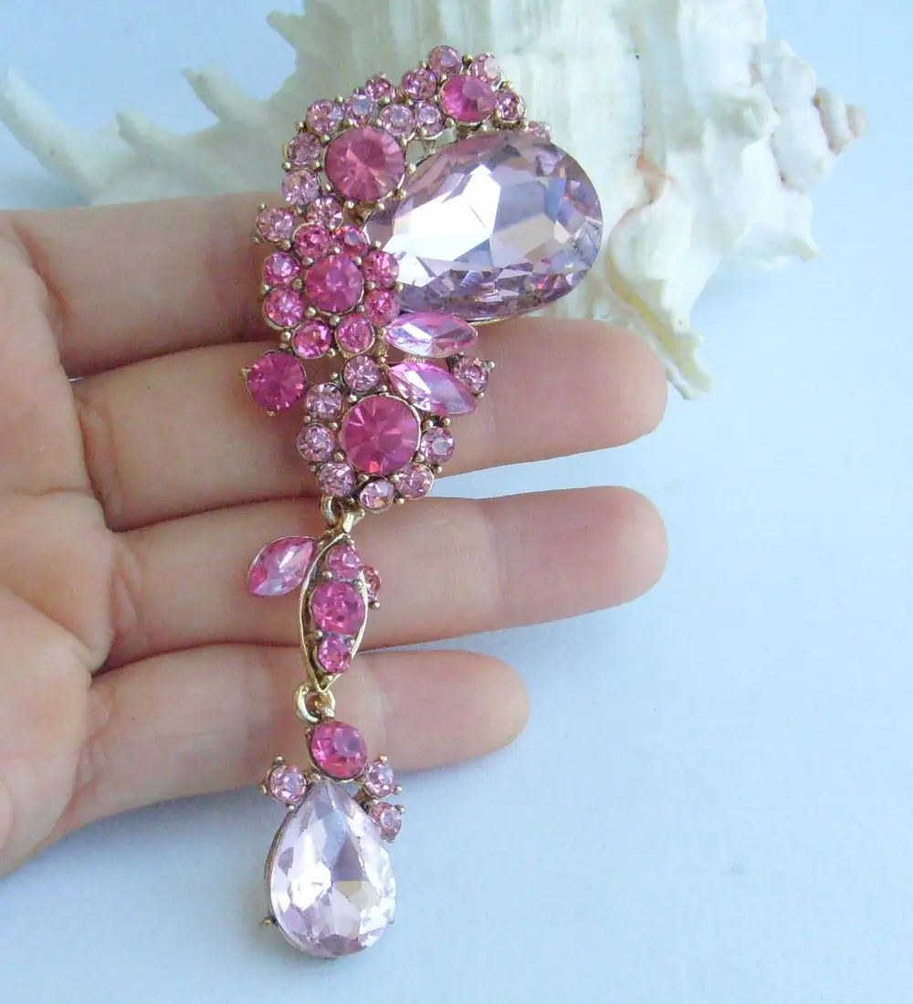 

3.94" Pink Rhinestone Crystal Teardrop Brooch Pin Pendant EE06587C2